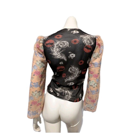 Vintage Combing Bed Jacket Patchwork Nylon Tricot Puff Sleeve Kimono Wrap XS/S - Picture 5 of 7